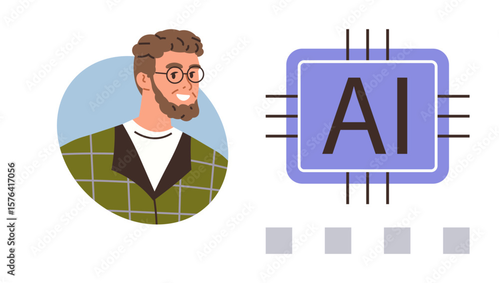Poster bearded man in glasses beside ai chip icon with circuits and blocks, emphasizing human-tech interact