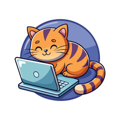 Sleepy Cat Curled on Laptop Vector Illustration. Cute Cozy Kitty Sleeping on Computer with White Background. Adorable Digital Art for Designers and Cat Lovers.
