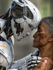 Emotional Connection Between Futuristic Robot and Injured Woman
