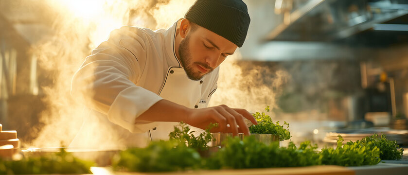 AI generator images of Chef preparing a gourmet dish, chef prepares fresh vegetables in a modern kitchen. This scene captures the art of cooking with fresh, clean ingredients.