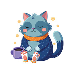 Sleepy Cat Relaxing with Hot Drink and Fluffy Slippers. Cozy Feline Vector Illustration on White Background for Cute, Comfy, and Lazy Day Designs.
