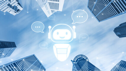 AI chatbot virtual assistant interacting with users through AI conversation bubbles, symbolizing AI...