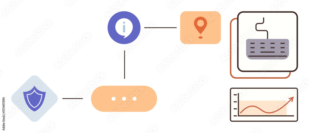 Poster flowchart with shield, information icon, location pin, keyboard, and chart. ideal for technology, cy