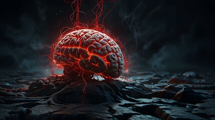 Dark surreal digital artwork of a realistic human brain with glowing red neural veins, sitting on cracked ground in a moody sci-fi atmosphere. Futuristic concept of intelligence and mental energy.