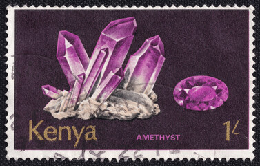 Amethyst on a 1977 Kenya postage stamp. Minerals Series.