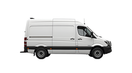Side view of a modern white cargo delivery van, a versatile and efficient vehicle designed for various commercial transportation needs, isolated on a clean white background