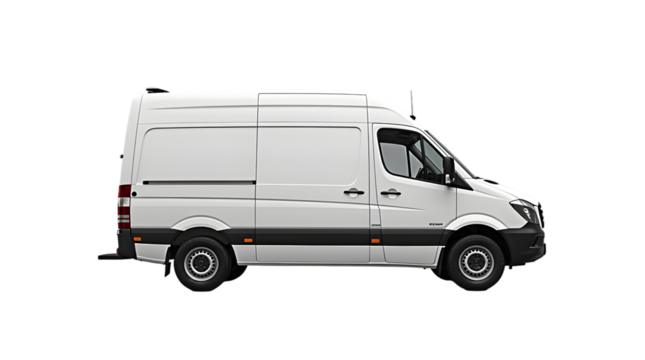 Side view of a modern white cargo delivery van, a versatile and efficient vehicle designed for various commercial transportation needs, isolated on a clean white background