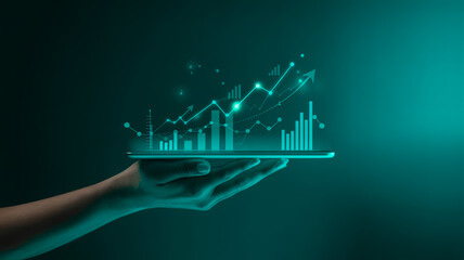 A digital illustration of a hand holding a glowing tablet device against a deep teal gradient background.