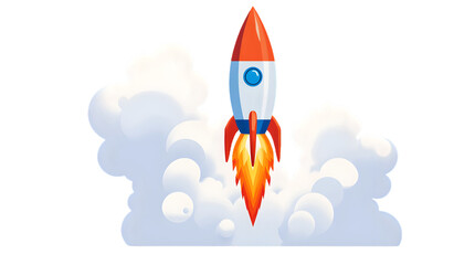 Stylized depiction of a powerful rocket taking off, surrounded by white smoke, signifying groundbreaking ideas, swift development, and achieving new heights