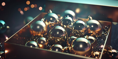 Golden Christmas baubles in an open festive box with warm lights

