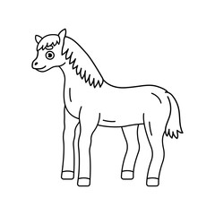  Black and white illustration of foal isolated on white background. Outline drawing for kids coloring book
