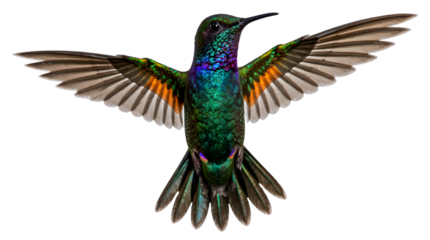 Jeweled iridescent hummingbird in flight with wings spread wide, showcasing its vibrant emerald green and sapphire blue plumage against a pure white background