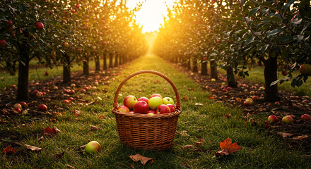 Basket of ripe apples in an orchard at sunset