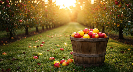 Basket of ripe apples in an orchard at sunset