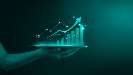 A digital illustration of a hand holding a glowing tablet device against a deep teal gradient background.