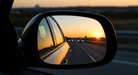 Golden Hour Highway: Sunset Reflection in Car Mirror