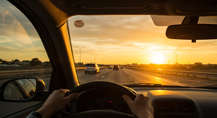 Sunset Drive: Highway View Through Car Windshield