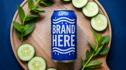 Electrolyte hydration drink with cucumber slices and mint on oak board – Suitable for sports branding, hydration product packaging, or wellness content