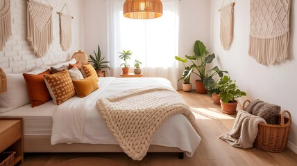 Cozy Scandinavian-Boho bedroom with white linens and knit throw – Ideal for home décor blogs, interior design portfolios, or lifestyle branding.