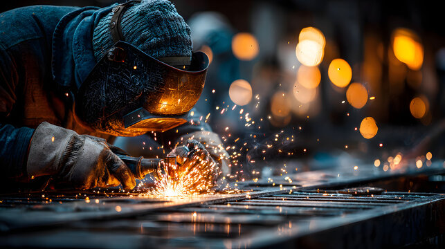 Welder welding metal, lots of sparks, wearing protective welding gear.