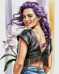 A digital illustration of a woman with flowing purple hair styled in loose waves and a side braid.