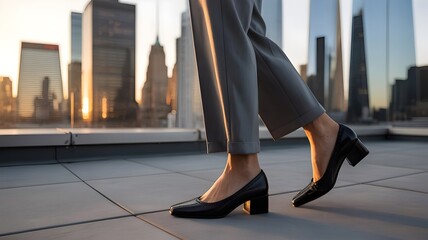Woman walking on rooftop terrace at golden hour with cityscape – Perfect for fashion branding, business imagery, or inspirational visuals