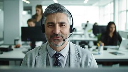 Smiling agent on headset in busy office - Powered by Adobe