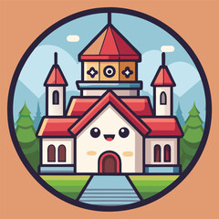 Naklejka premium Cute cartoon church in a circular landscape