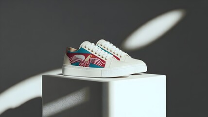 Statement sneakers with Andean textile on white pedestal – Great for fashion editorials, cultural fusion campaigns, or urban apparel branding