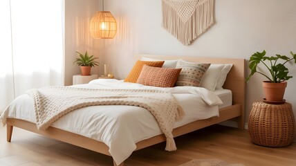 Calming Scandinavian-Boho bedroom with plants and rattan lighting