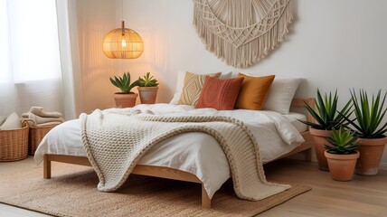 Queen-size Scandinavian-Boho bed with succulents and knit throw