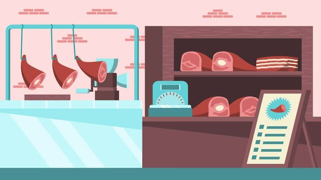 Butcher Shop Interior Flat Design Meat Display Cash Register Menu Board Ham Cuts Hanging Meat