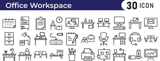 Office Workspace icon set. Outline icon set of workspace and equipment, office desk, laptop, printer, file cabinet, coffee mug, office