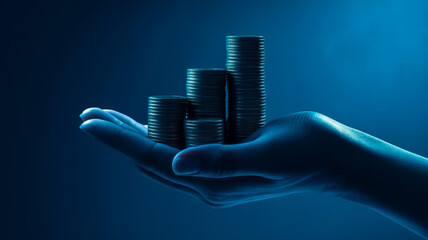 A dramatic photograph of a hand holding stacks of coins against a deep blue background
