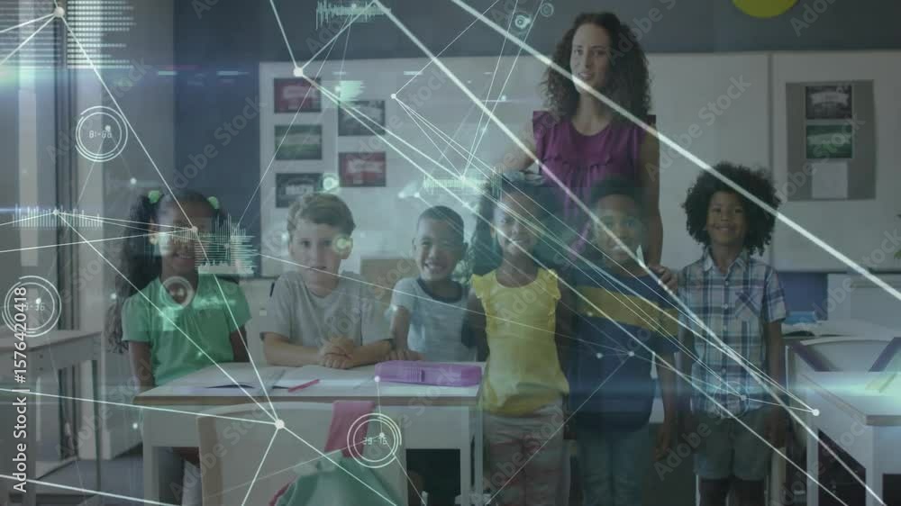 Poster teacher with students initiating network overlay enhancing learning in classroom