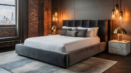 Velvet platform bed in urban loft bedroom with city skyline view