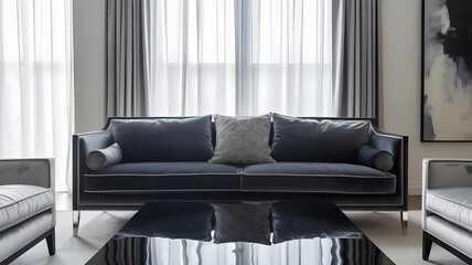 Sophisticated monochrome living room with abstract painting and velvet sofa – Suitable for modern interior design portfolios, luxury real estate marketing, or furniture brands.