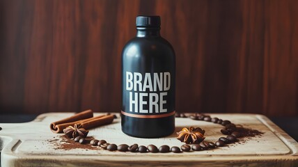 Espresso bottle with copper band and coffee bean spiral on wooden board – Perfect for beverage photography, branding visuals, or artisanal product promotions