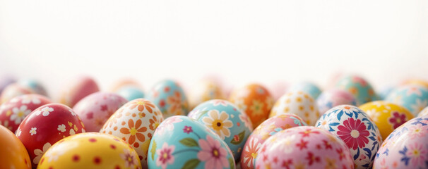 Colorful floral Easter eggs arranged in a cheerful, festive setting. Perfect background for Easter greeting cards, seasonal designs, and holiday-themed content.