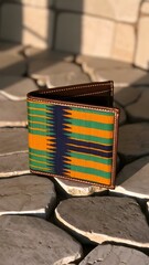 African kente wallet on grey stone tiles – Ideal for stylish accessory branding, cultural fashion content, or modern design themes