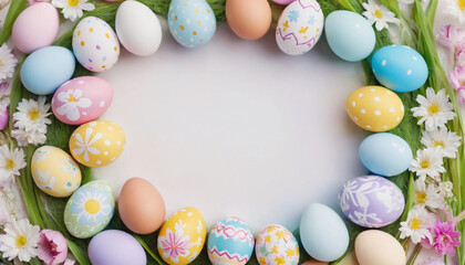 A collection of colorful Easter eggs arranged in a circular pattern, complemented by vibrant flowers and greenery for a festive springtime holiday atmosphere.