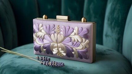 Floral embroidered clutch with brass accents and velvet backdrop – Great for heritage fashion storytelling, designer product ads, or accessory editorials