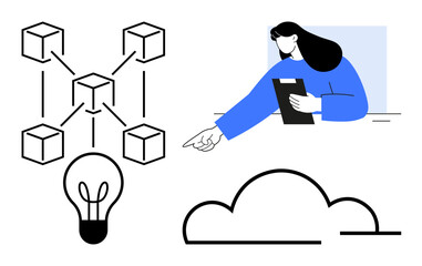 Woman holding clipboard pointing right, network of connected blocks, light bulb representing ideas, cloud symbolizing data storage. Ideal for technology, innovation, connectivity, business, cloud