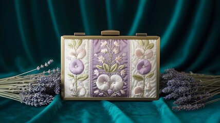 Lilac embroidered clutch with brass hardware on velvet – Ideal for upscale product photography, wedding accessory features, or fashion marketing