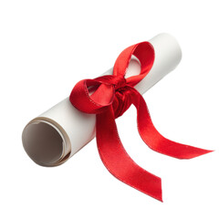 Red ribbon is tied around a white roll of paper