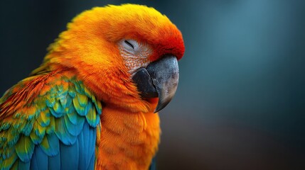 Obraz premium Close-up of colorful macaw parrot with vivid feathers and relaxed expression.