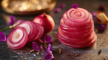 Stacked pickled red onion slices, garnished