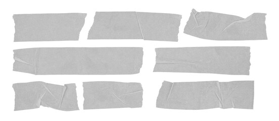 Set of gray masking tape pieces isolated on transparent background. Torn paper tape strips with...