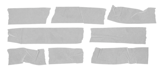 Set of gray masking tape pieces isolated on transparent background. Torn paper tape strips with wrinkled texture and rough edges. Realistic adhesive elements for mockup, labels, scrapbooking, or graph