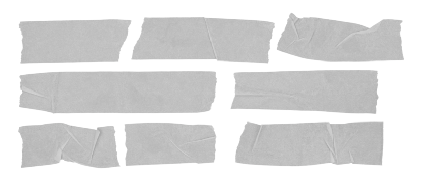 Set of gray masking tape pieces isolated on transparent background. Torn paper tape strips with wrinkled texture and rough edges. Realistic adhesive elements for mockup, labels, scrapbooking, or graph